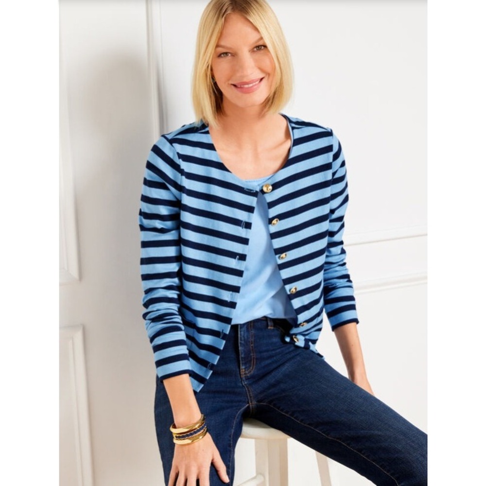 Talbots Cardigan Jacket size 1X Petite Blue Striped Gold Button Preppy Nautical